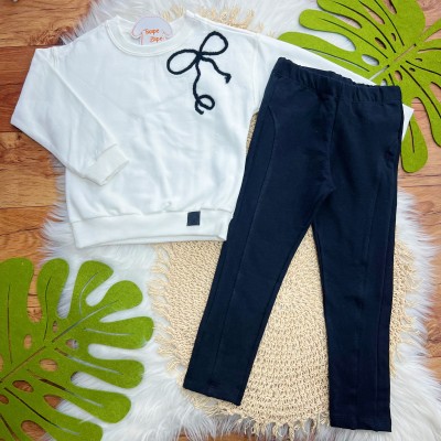Conj. Casaco de Moletom com Laço Preto e Calça Legging Montaria - Off White